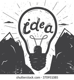 Hand drawn typography poster, greeting card or print invitation with lightbulb silhouette and phrase in it. Idea concept illustration.