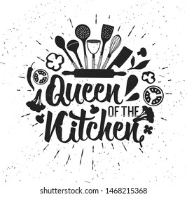 Hand drawn typography poster. Inspirational vector typography. Queen of the Kitchen. Vector calligraphy.