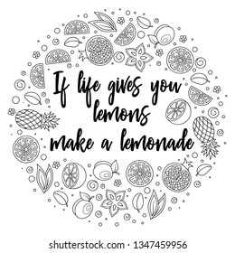 Hand drawn typography poster. Lemons with inscription "When life gives you lemons make lemonade". Coloring book adult