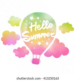 Hand drawn typography poster. Motivation quote Hello summer isolated on air balloon background. Calligraphy lettering. Vector.