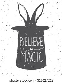 Hand drawn typography poster. Motivational quote and illustration on white background. Inspirational vector typography. Hand drawn lettering of words "Believe in magic"