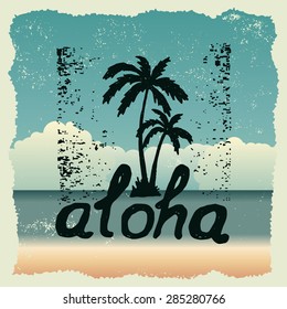 hand drawn typography poster with palm trees. aloha. artwork for wear. vector inspirational illustration on beach background