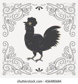 Hand drawn typography poster. Hand drawn Rooster art. Black Rooster graphic.