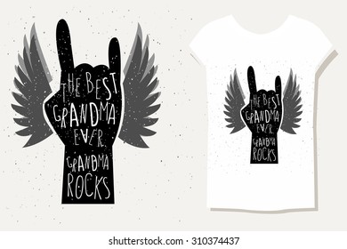 Hand drawn typography poster. Hand with signature "The best grandma" on textured background for postcard or print. Inspirational vector typography. Family day card. lettering t-shirt design