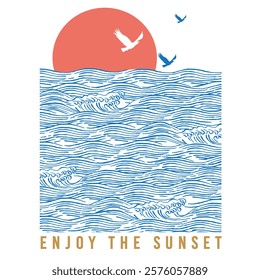 hand drawn typography poster with sun and flying bird. chase the sunset. artwork for wear. vector inspirational illustration on beach background