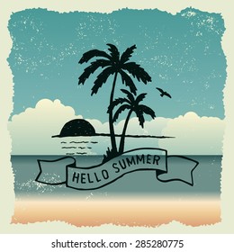 hand drawn typography poster with sunset, palm trees and flying bird. hello summer. artwork for wear. vector inspirational illustration on beach background