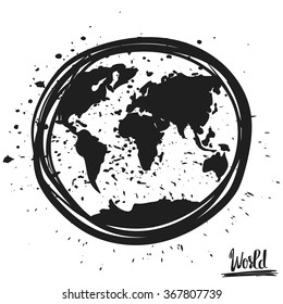 Hand drawn typography poster world map isolated on white background. Calligraphy lettering vector