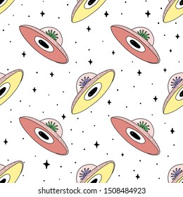 Hand Drawn ufo art. Foreign space animal look at in a Flying saucer. Illustrations Drawing Vector Sketch for textile, print, postcard, text, invitation, poster, t-shirt