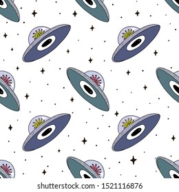 Hand Drawn ufo art. Foreign space animal look at in a Flying saucer. Illustrations Drawing Vector Sketch for textile, print, postcard, text, invitation, poster, t-shirt