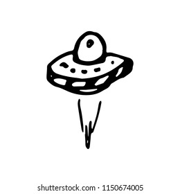 Hand Drawn UFO doodle. Sketch style icon. Decoration element. Isolated on white background. Flat design. Vector illustration.