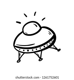 Hand Drawn UFO doodle. Sketch style icon. Decoration element. Isolated on white background. Flat design. Vector illustration.