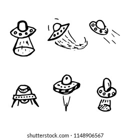 Hand Drawn UFO doodles set. Sketch style icons. Decoration element. Isolated on white background. Flat design. Vector illustration.