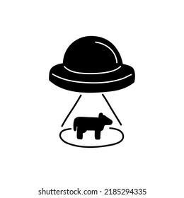 Hand drawn UFO kidnaps a cow icon isolated on white background. Vector doodle illustration.