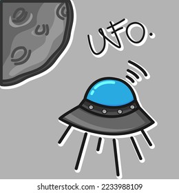 Hand drawn UFO with moon illustration