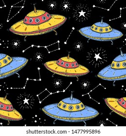 Hand drawn ufo seamless pattern. Vector illustration. Сonstellations, ufo, alien, galaxy hand drawn. Space background.