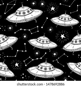 Hand drawn ufo seamless pattern. Vector illustration. Сonstellations, ufo, alien, galaxy hand drawn. Space background.