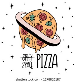 Hand Drawn ufo whole pizza card. Illustrations Drawing Vector Sketch for textile, print, postcard, text, invitation, poster, background, book, t-shirt, wallpaper