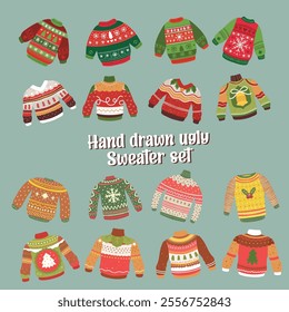 Hand drawn ugly christmas sweaters set. Christmas