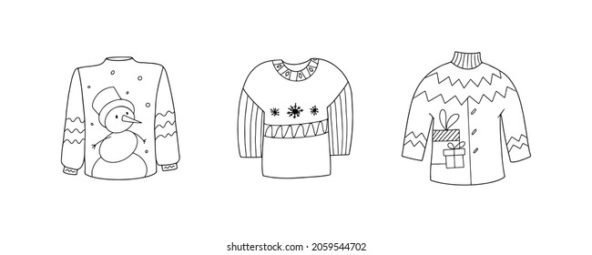 Hand drawn Ugly Sweater set. Collection of linear black and white winter sweaters for the holiday. Vector doodle illustration