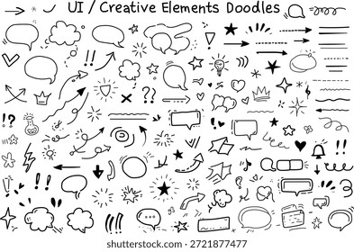 Handgezeichnete UI kreative Doodle-Elemente mit Sprechblasen, Pfeilen, Sternen, Symbolen, Highlights und abstrakten Skizzen-Symbolen. Diese Schwarz-Weiß-Doodle-Kollektion eignet sich perfekt für Web- und App-UI-Design, Social-Media-Beiträge, Präsentationen, Branding, Poster, Infografiken und kreative Projekte. Ideal für Designer, die nach spielerischen, ausdrucksstarken und modernen handgezeichneten grafischen Elementen suchen, um Benutzeroberflächen und visuelle Kommunikation zu verbessern.