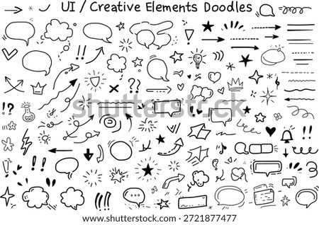 Hand drawn UI creative doodle elements set featuring speech bubbles, arrows, stars, symbols, highlights, and abstract sketch icons. This black and white doodle collection is perfect for web and app UI design, social media posts, presentations, branding, posters, infographics, and creative projects. Ideal for designers looking for playful, expressive, and modern hand-drawn graphic elements to enhance user interfaces and visual communication.