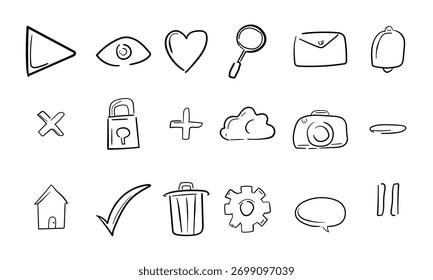 Handgezeichnete UI Essentials-Liniensymbole | Minimal Handwriting Doodle Outline Vector Collection für App, Web und Social Media Design