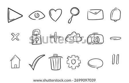 Hand Drawn UI Essentials Line Icons Set | Minimal Handwriting Doodle Outline Vector Collection for App, Web, and Social Media Design