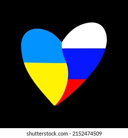 Hand drawn Ukraine and Russian flag in heart shape. Peace between Ukraine and Russia concept. Beautiful doodle clipart isolated on white background. 