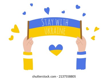 Hand drawn ukrainian flag in hands in color isolated on white background, elements for poster, banner, card, t-shirt. Pray for Ukraine. Social assistance and support. Vector illustration