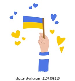 Hand drawn ukrainian flag in hand isolated on white background, elements for poster, banner, card, t-shirt. Pray for Ukraine. Social assistance and support. Vector illustration