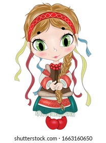 Hand drawn ukrainian girl. Beautiful cute haired girl in ukrainian traditional clothe. Cartoon character. Template for design cards, notebook, shop, poster. The little girl.