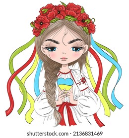 Hand drawn Ukrainian girl in a wreath portrait. Pray for Ukraine Vector illustration.