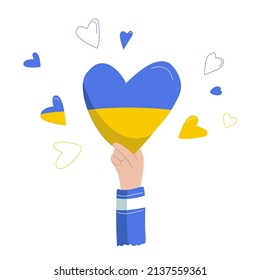 Hand drawn ukrainian heart in hand in color isolated on white background, elements for poster, banner, card, t-shirt. Pray for Ukraine. Social assistance and support. Vector illustration