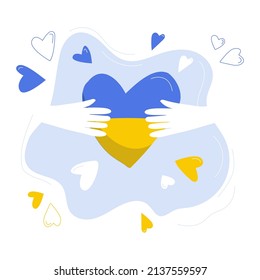 Hand drawn ukrainian heart with hands in color isolated on white background, elements for poster, banner, card, t-shirt. Pray for Ukraine. Social assistance and support. Vector illustration