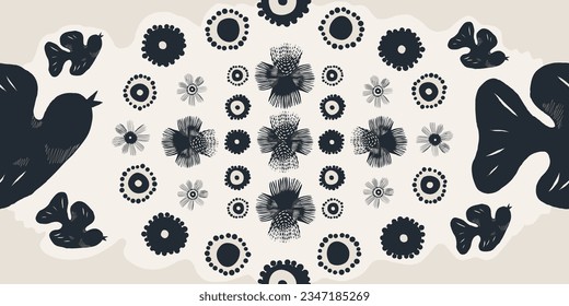 Hand drawn Ukrainian style abstract pattern with flowers and birds. Collage contemporary print. Fashionable template for design. 