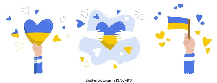 Hand drawn ukrainin flag set Stay with Ukraine in color isolated on white background, elements for poster, banner, card, t-shirt. Pray for Ukraine. Social assistance and support. Vector illustration