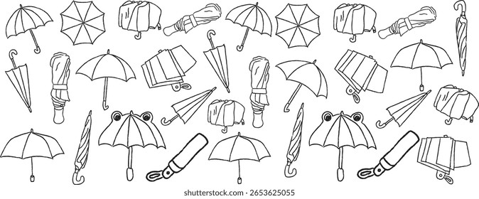 Hand drawn umbrella doodle icon set. Open and folded umbrellas, cute frog umbrella, rainy weather accessory sketch. Simple black line art for kids, weather forecast, or seasonal design.