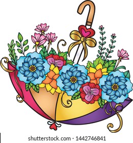 Hand drawn umbrella with floral pattern. Doodle design for a coloring book or background decorative. Relaxation for adults and kids. Vector Illustration.