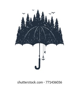 Hand drawn umbrella and pine forest textured vector illustrations.