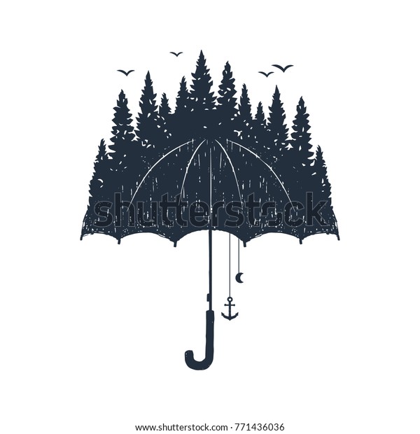 Hand Drawn Umbrella Pine Forest Textured Stock Vector (Royalty Free
