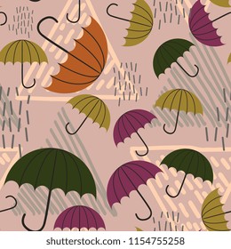 Hand drawn umbrella and rain with childish drawing pattern