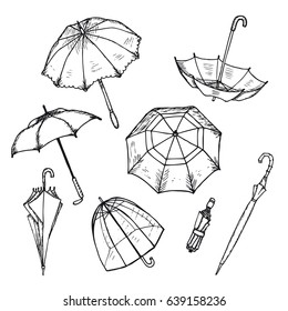 Hand drawn umbrellas set with opened and closed parasols of different shapes in various positions isolated vector illustration