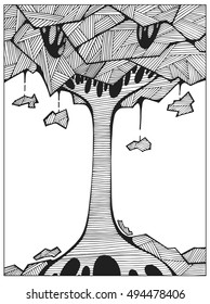 Hand drawn Uncolored Abstract tree on the hill line art for adult coloring book; Difficult coloring page