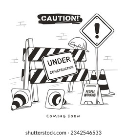 Hand drawn under construction sign vector line art illustration