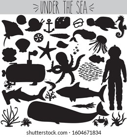 Hand Drawn Under the Sea Doodles, Jelly Fish, Submarine, Deep Sea Diver, Treasure chest, turtle, shark, whale, octopus, submarine, shell, plants, crab, anchor, squid, shrimp, star, Black Silhouette