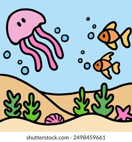 Hand drawn under the sea with jellyfish, fish, starfish, coral reef, shell pearl, sand for marine lives, aquarium, animal, background, wallpaper, backdrop, post card, souvenir shop, trip, vacation