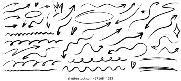 Handgezeichnete Unterstreichung und Pfeil-Set mit rauen Stiften, weich gezeichneten Texturen und Stiftmarken, die Unterstreichung Klarheit mit Pfeilenergie und Stift-Stil mischen.