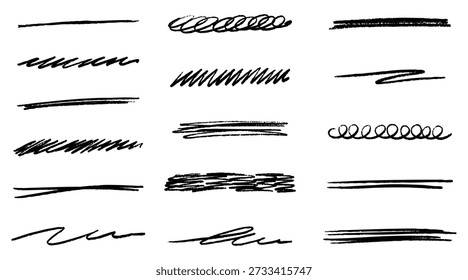 Hand drawn underline borders. Doodle line icon set with pencil grunge texture. Isolated pen strokes and marker brush elements. Vector decoration for school, stationery and social media design.