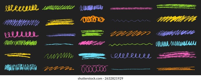 Hand drawn underline chalk pencil crayon stroke smears textured lines. Highlight grunge doodles childish elements isolated on white background. Underline scrapbook decoration set.