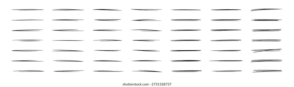 Hand drawn underline doodle lines set, sketchy marker and pen strokes, simple highlight and divider elements, abstract vector collection isolated on transparent background